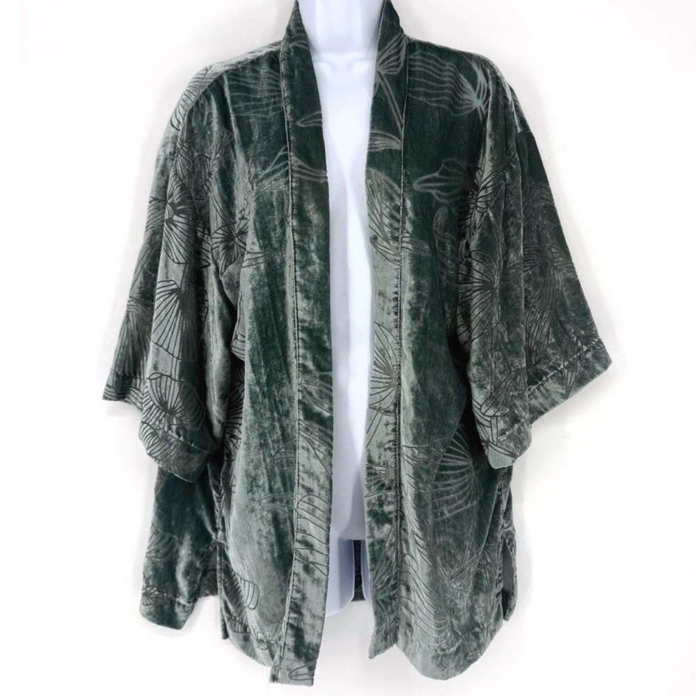 A New Day Women Sage Green Velvet Burnout Floral Kimono Jacket OS Whimsigoth